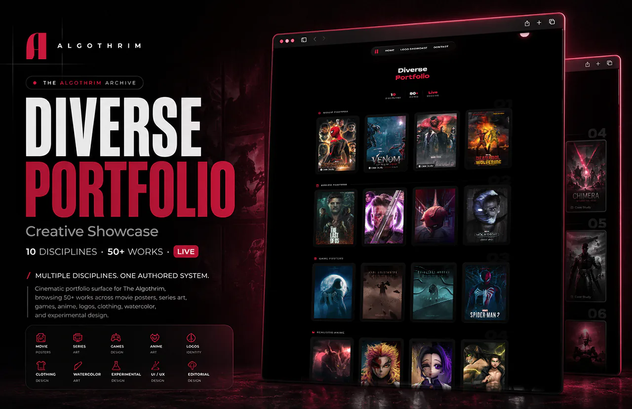 Diverse creative portfolio featuring posters and digital art