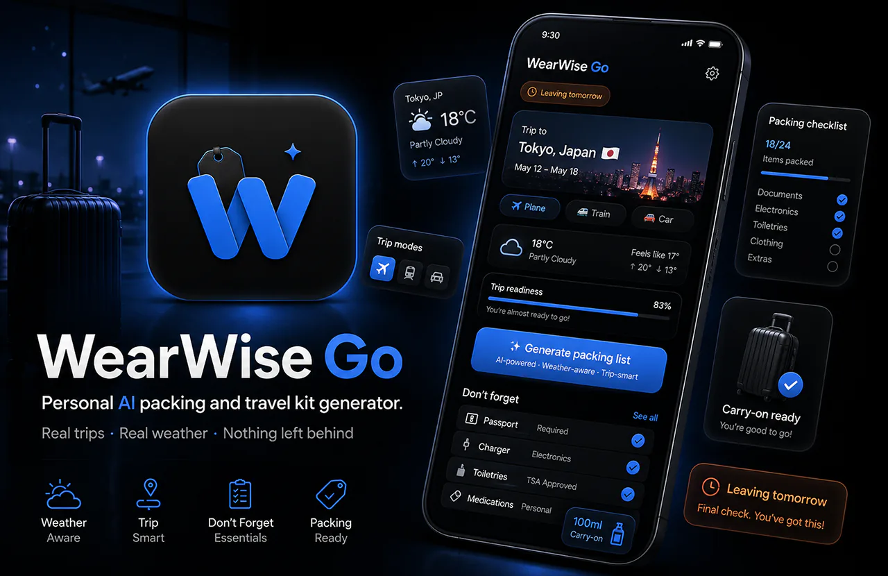 WearWise Go travel packing app screenshot